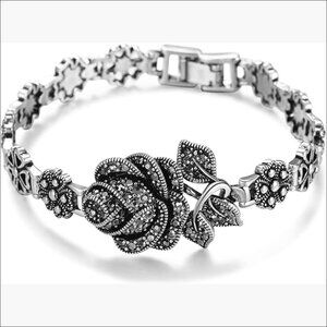Vintage Marcasite Link Bracelet with Rose Flower Design, Copper Alloy